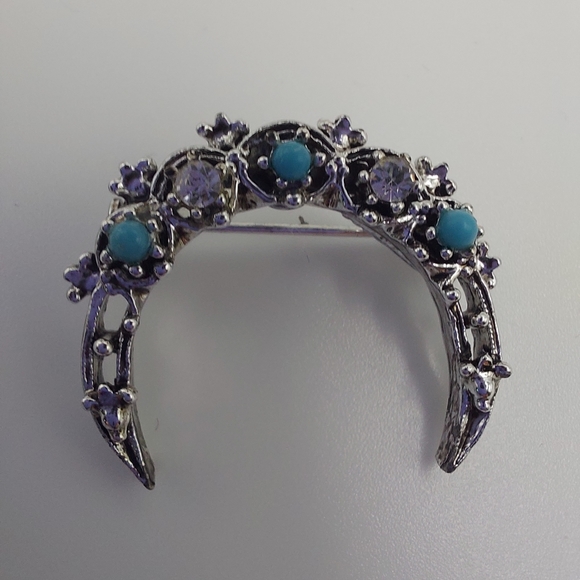 Vintage Silvertone Brooch w/ Clear Rhinestones & Turquoise Beads. VGC & Pretty! - Picture 2 of 11